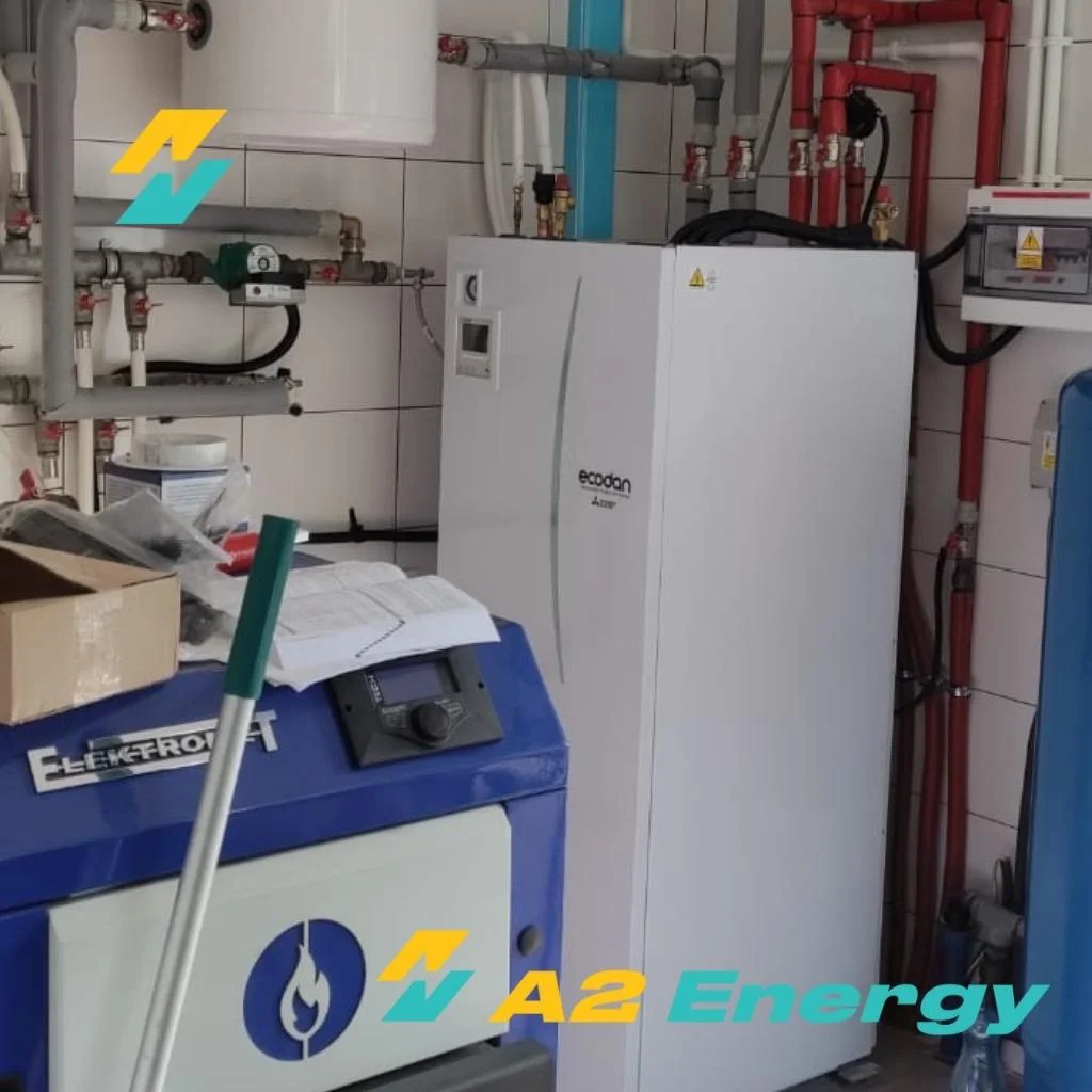Moduł wewnętrzny pompy ciepła Mitsubishi Ecodan w kotłowni